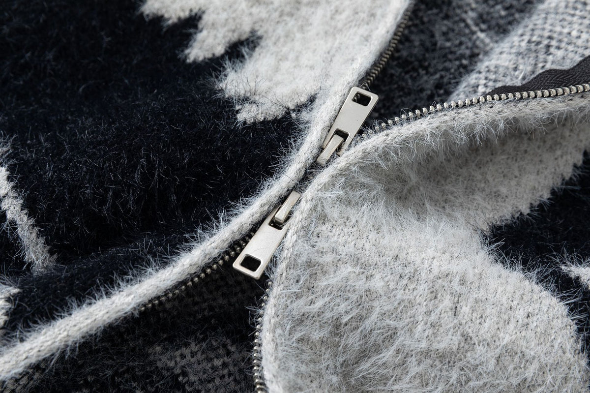 Veste-pull zippée en maille à imprimé abstrait – cardigan gris effet fourrure
