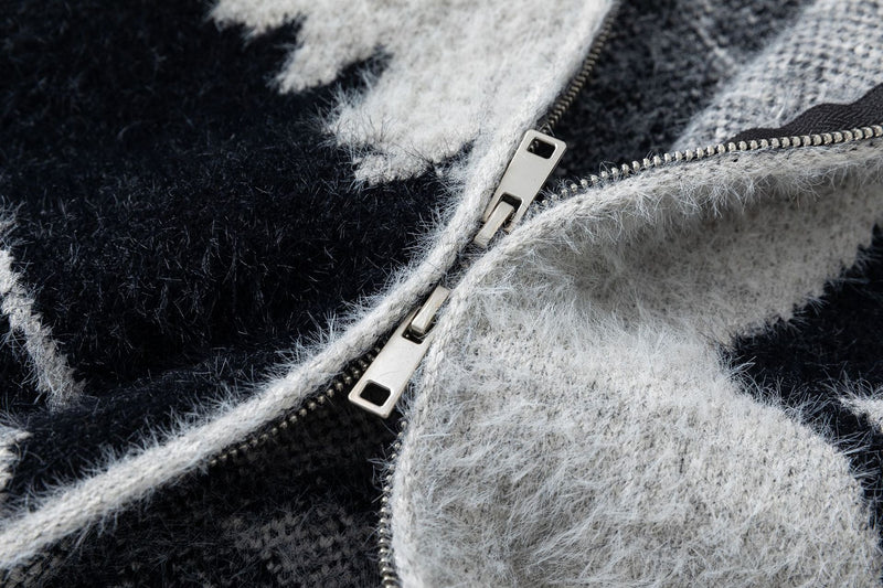 Veste-pull zippée en maille à imprimé abstrait – cardigan gris effet fourrure