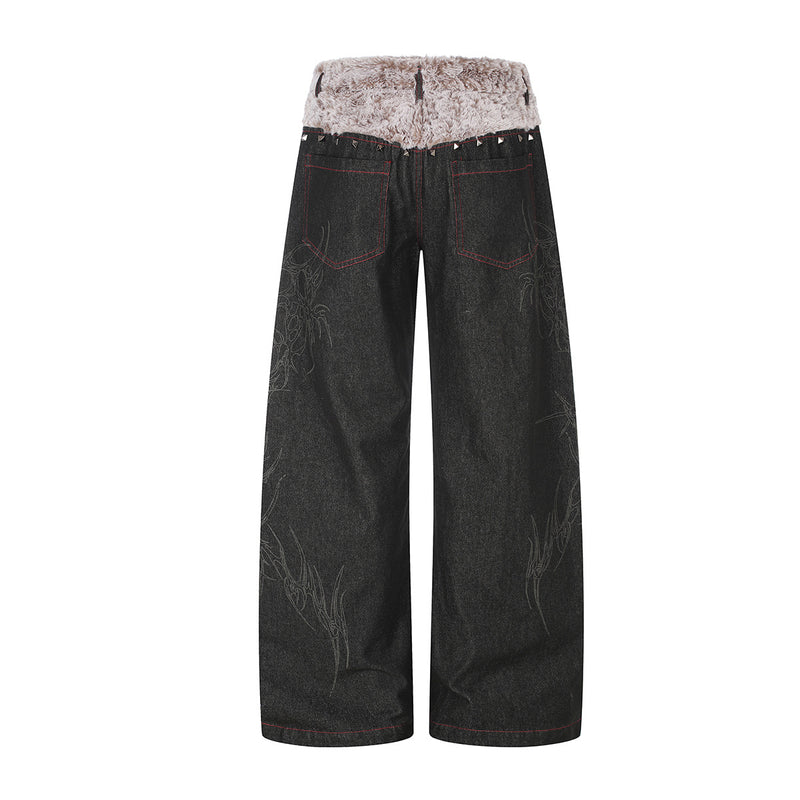 Vaqueros baggy street style – Denim de pierna ancha con cinturilla plegable de sherpa y