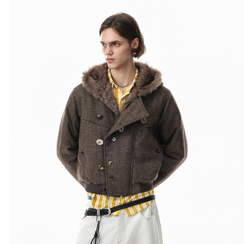 Fur-Trim Hooded Wool-Blend Bomber Jacket with Asymmetric Button Placket