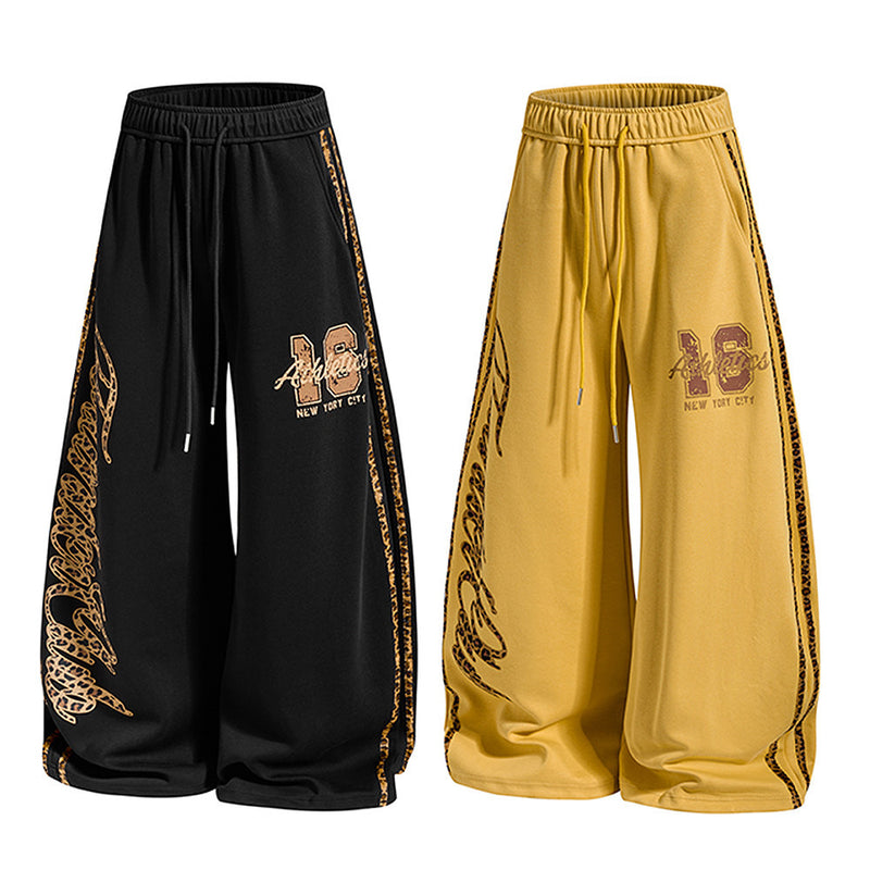 Wide-Leg Sweatpants with Leopard Print Side Panels & Varsity Graphic