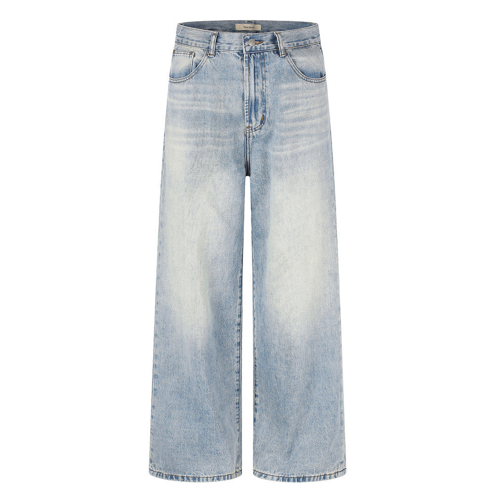 Men's wide-leg baggy jeans in light ice blue vintage wash denim, front and back view