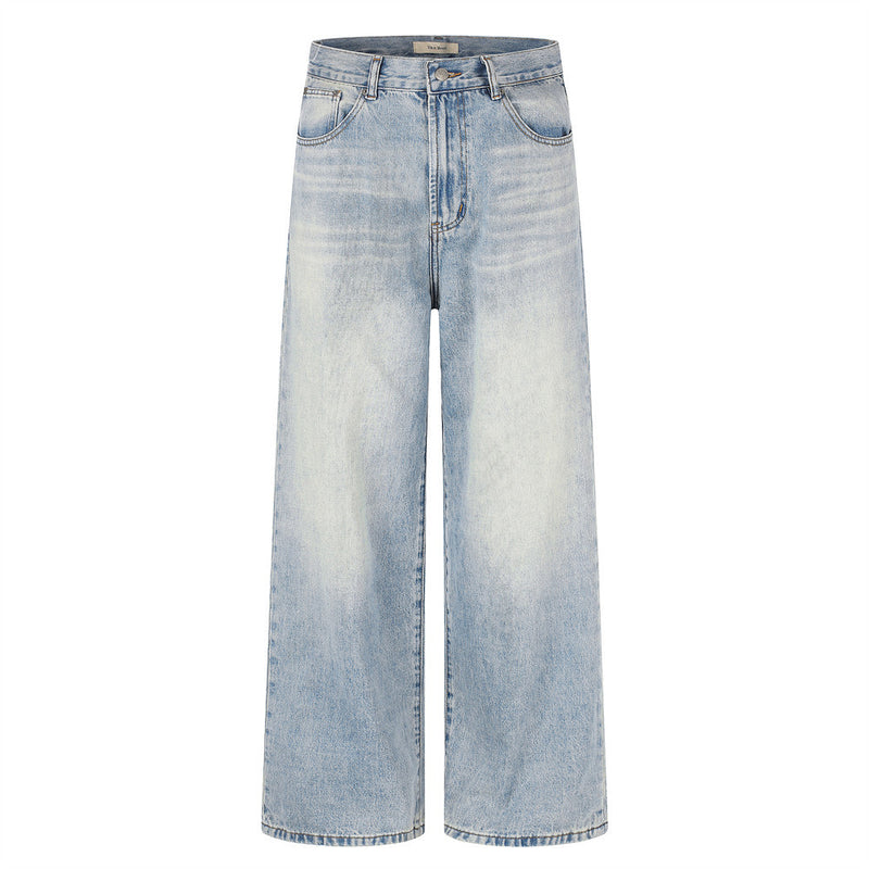 Men's wide-leg baggy jeans in light ice blue vintage wash denim, front and back view