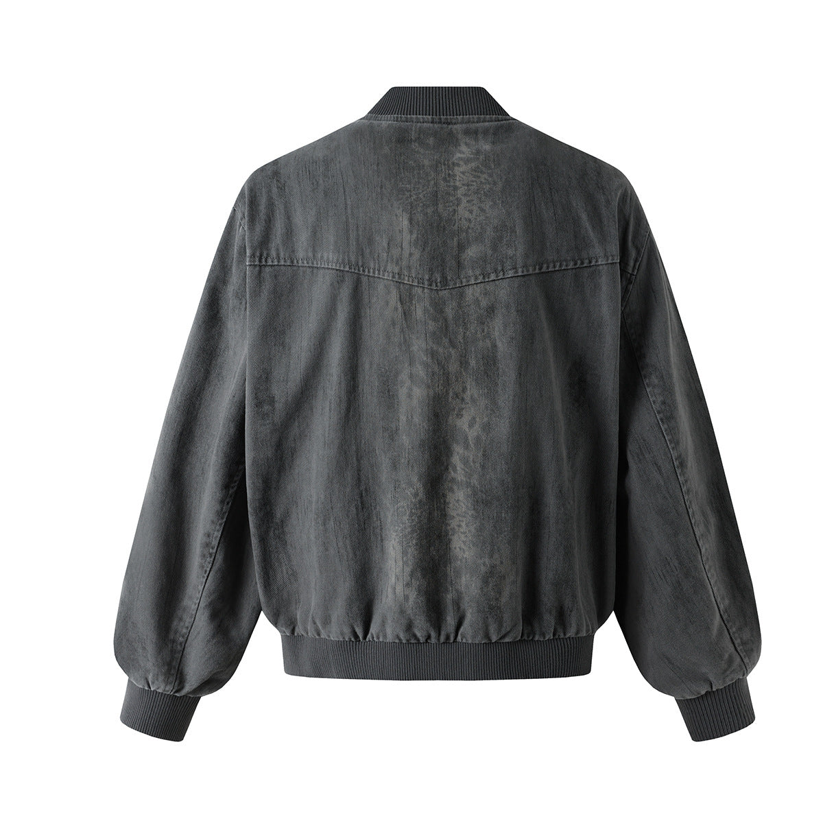 Veste bomber en jean délavé déconstruite à empiècement croisé et coutures effilochées