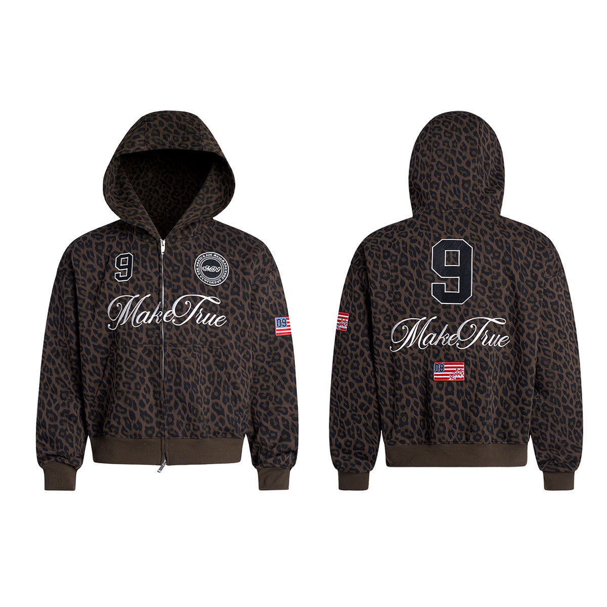 Leopard Print Zip-Up Hoodie with Embroidered MakeTrue Graphic & Number 9 Patches