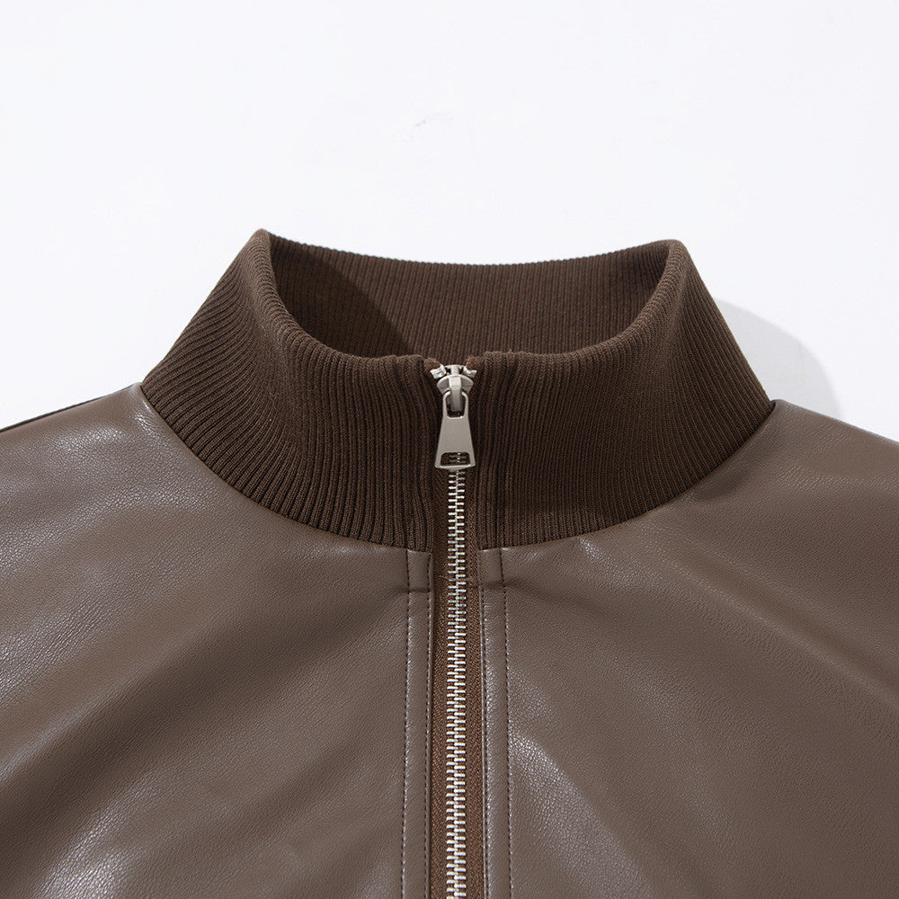 Men's Stand Collar PU Leather Bomber Jacket – Oversized Flight Jacket