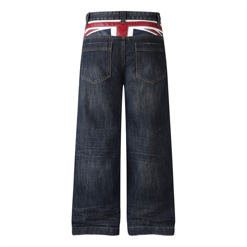 Wide-Leg Jeans with Union Jack Leather Waistband Detail