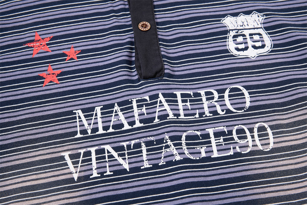 Herren-Poloshirt in Navyblau, Langarm – Vintage-Streifen, verwaschen und Relaxed Fit