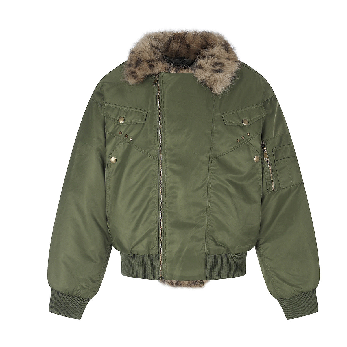 Army Green Bomber Jacket with Leopard Faux Fur Collar & Studs
