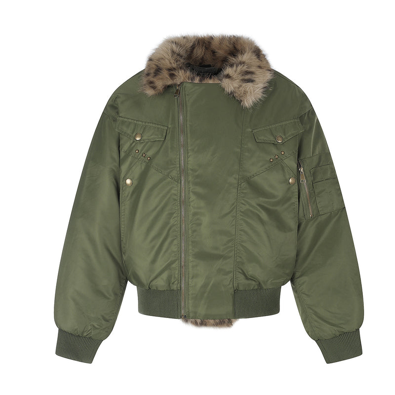 Army Green Bomber Jacket with Leopard Faux Fur Collar & Studs