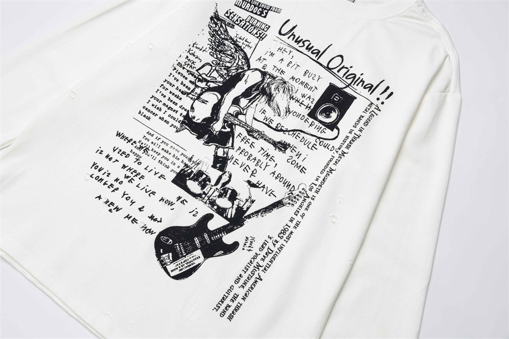 Rock Guitar Graphic Long-Sleeve T-Shirt – Relaxed Fit Crew Neck