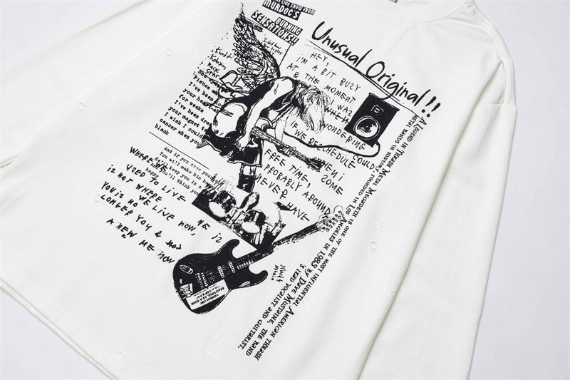 Rock Guitar Graphic Long-Sleeve T-Shirt – Relaxed Fit Crew Neck