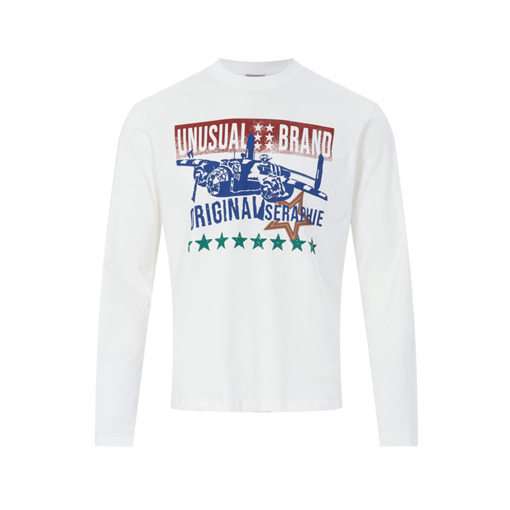 Men's Long-Sleeve Graphic T-Shirt with Fighter Jet Print – Relaxed Crew Neck