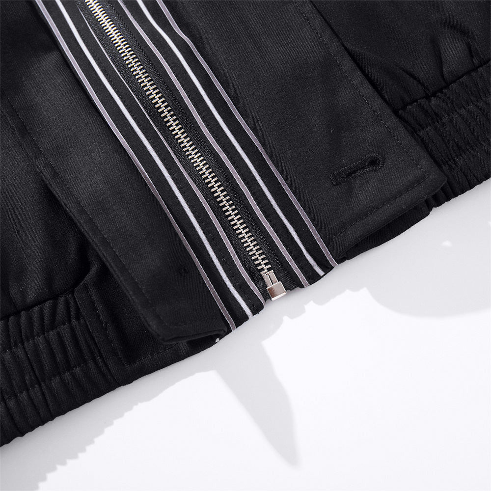 Men's Black Bomber Jacket with Striped Layered Collar