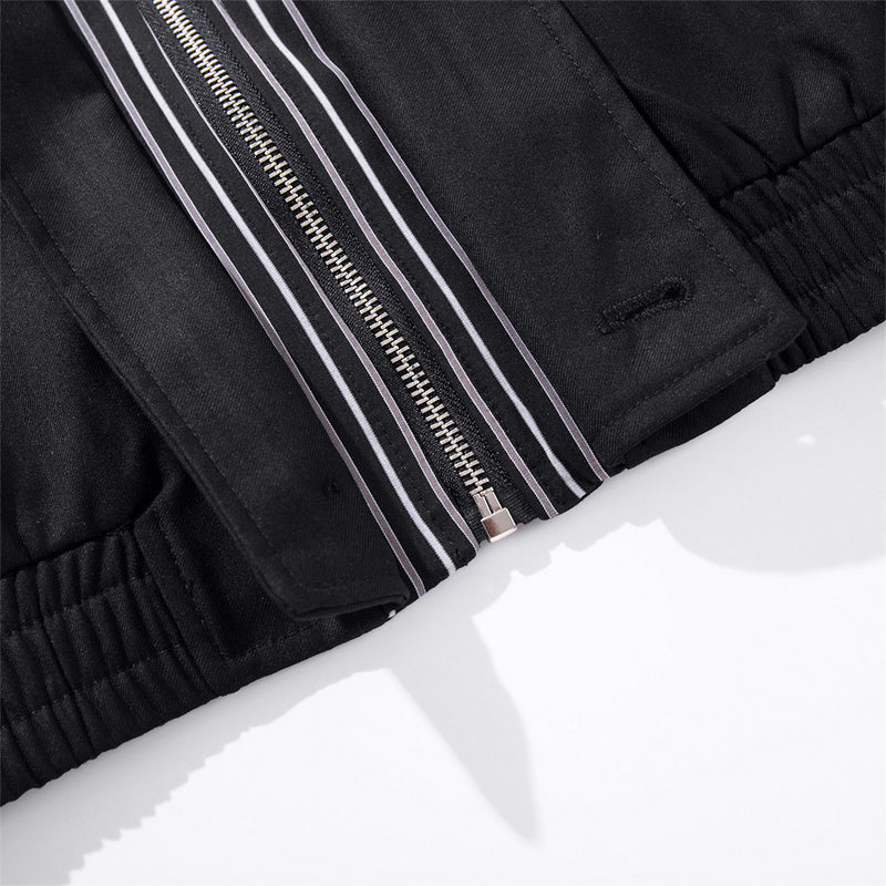 Men's Black Bomber Jacket with Striped Layered Collar