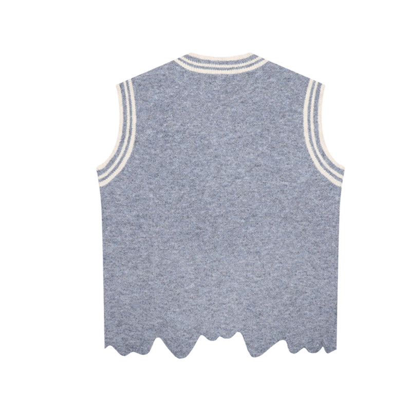 V-Neck Knit Sweater Vest with Irregular Hem & Puppy Embroidery
