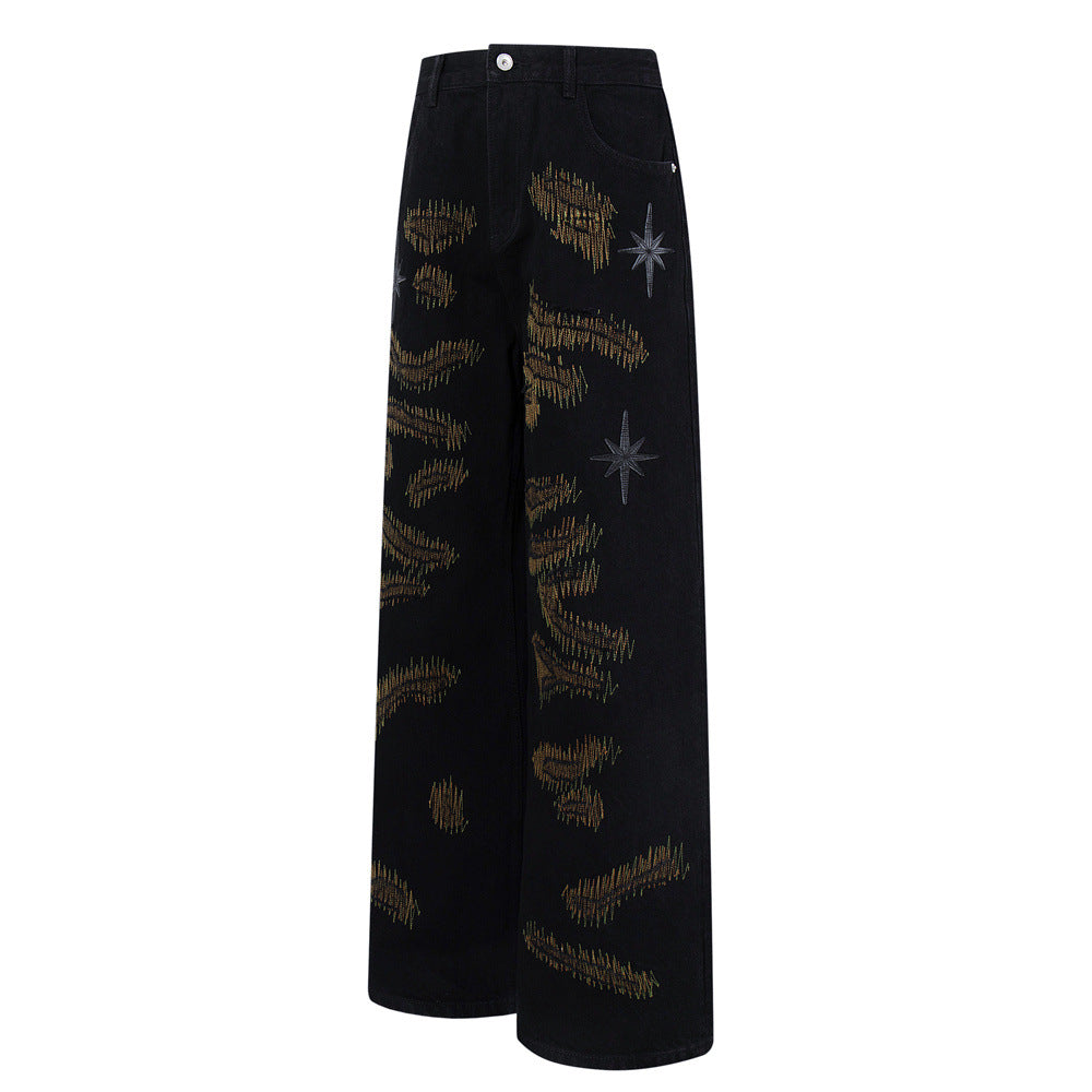Wide-Leg Jeans with Chaotic Needle Embroidery & Star Patches