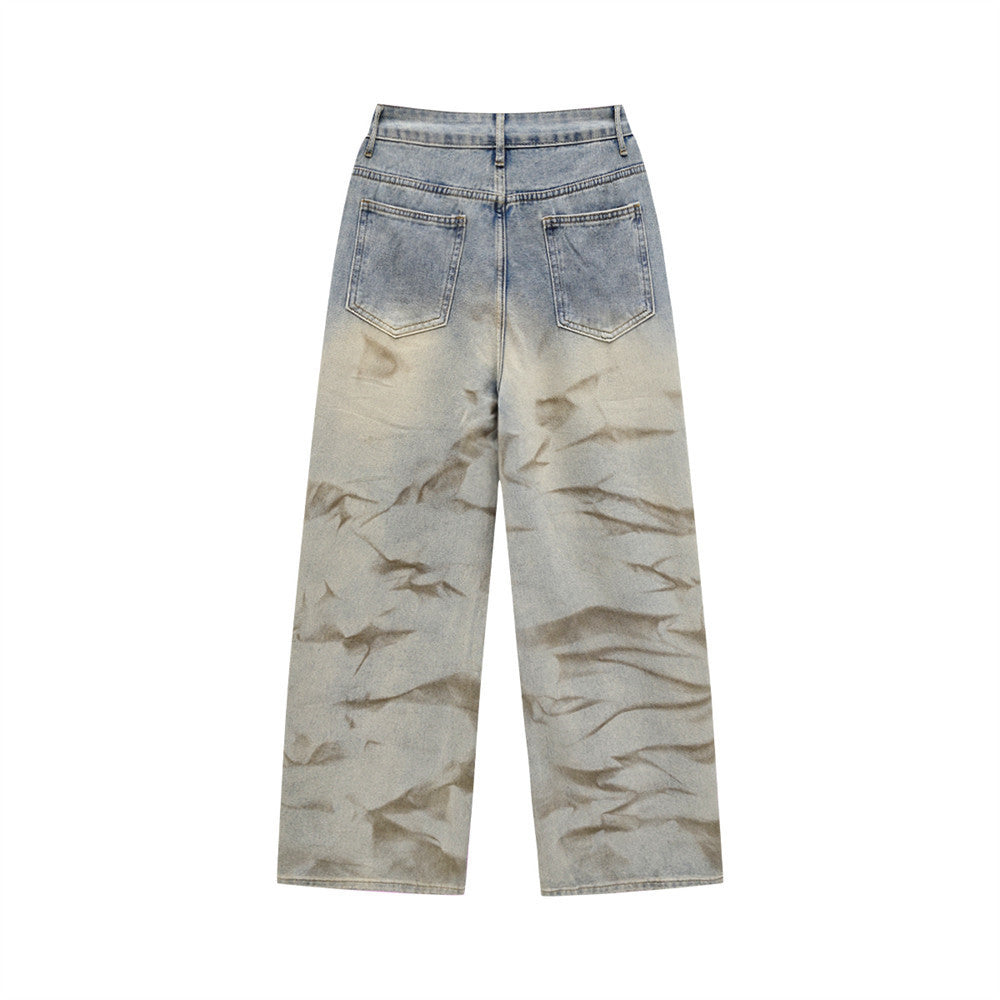 Gradient Tie-Dye Washed Wide-Leg Jeans – Vintage Punk Distressed Straight Fit