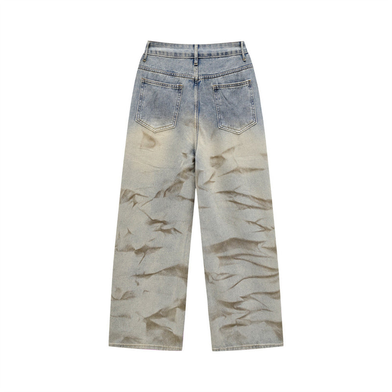 Gradient Tie-Dye Washed Wide-Leg Jeans – Vintage Punk Distressed Straight Fit