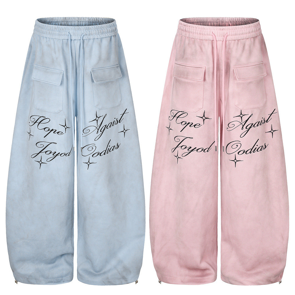 Pantalon de survêtement en velours côtelé à jambes larges avec imprimé script et poches cargo