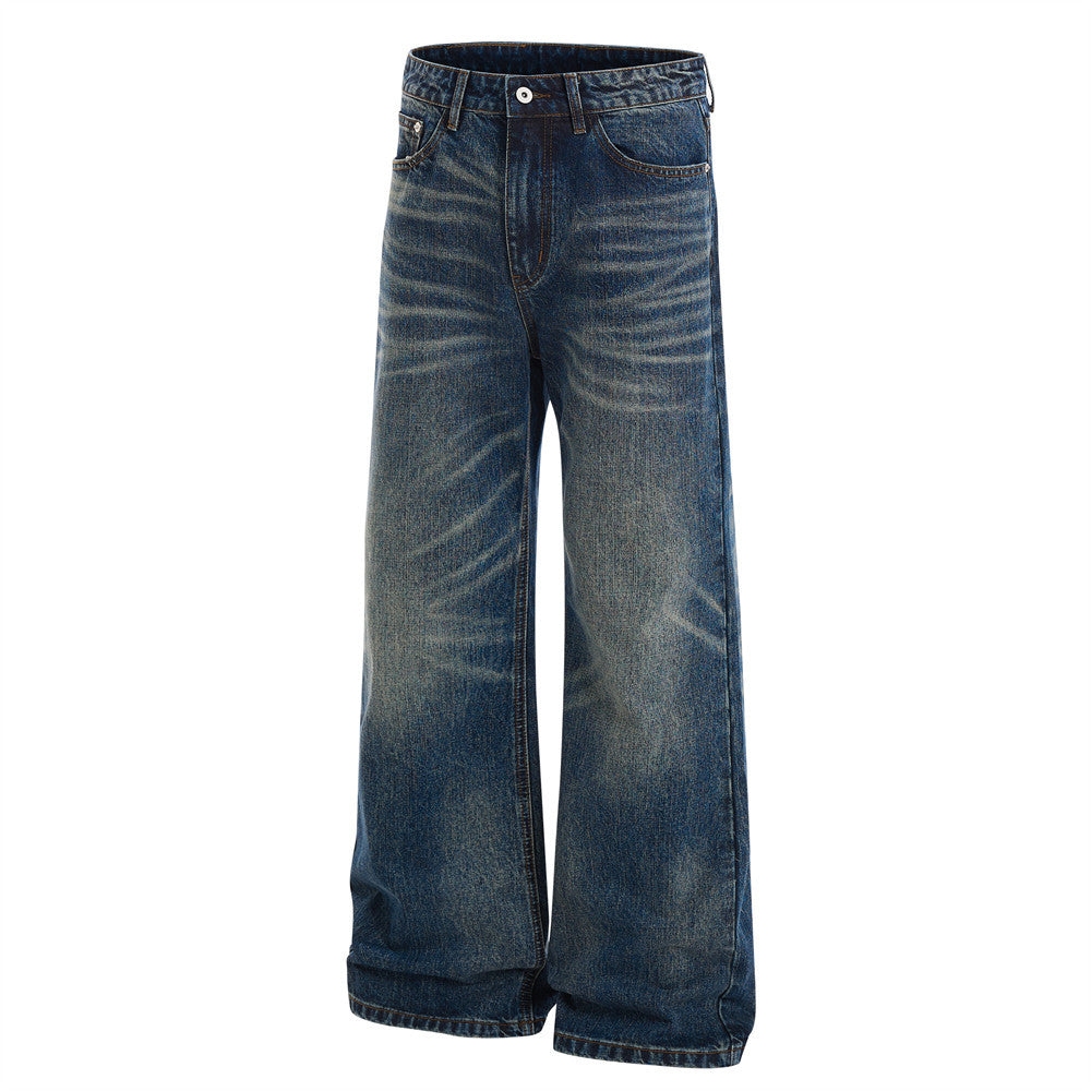 Wide-Leg Washed Distressed Jeans – Men's Vintage American Streetwear