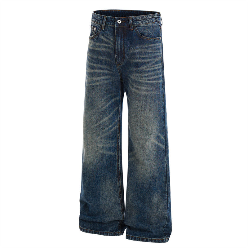 Wide-Leg Washed Distressed Jeans – Men's Vintage American Streetwear