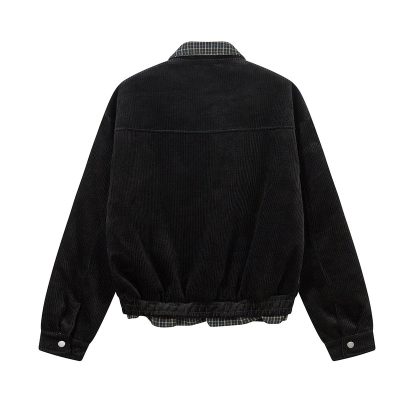 Corduroy Boxy Jacket with Plaid Contrast Lining – Retro American Style