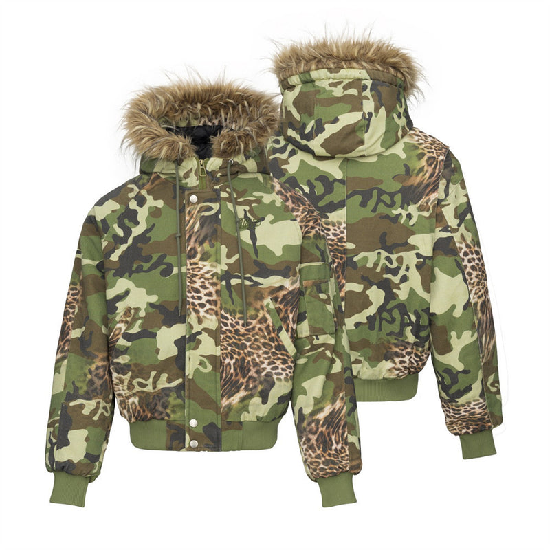 Chaqueta bomber de camuflaje y estampado de leopardo con capucha y ribete de pelo sintético