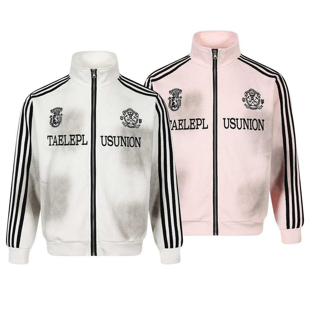 Zip-Up Track Jacket with Stripe Sleeves & Distressed Wash