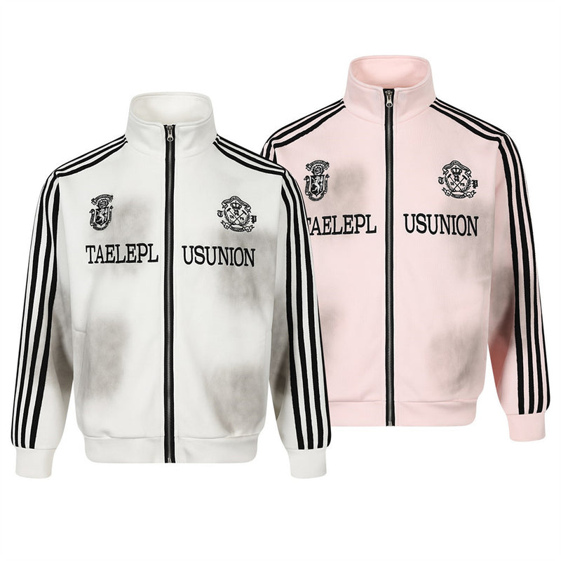 Zip-Up Track Jacket with Stripe Sleeves & Distressed Wash
