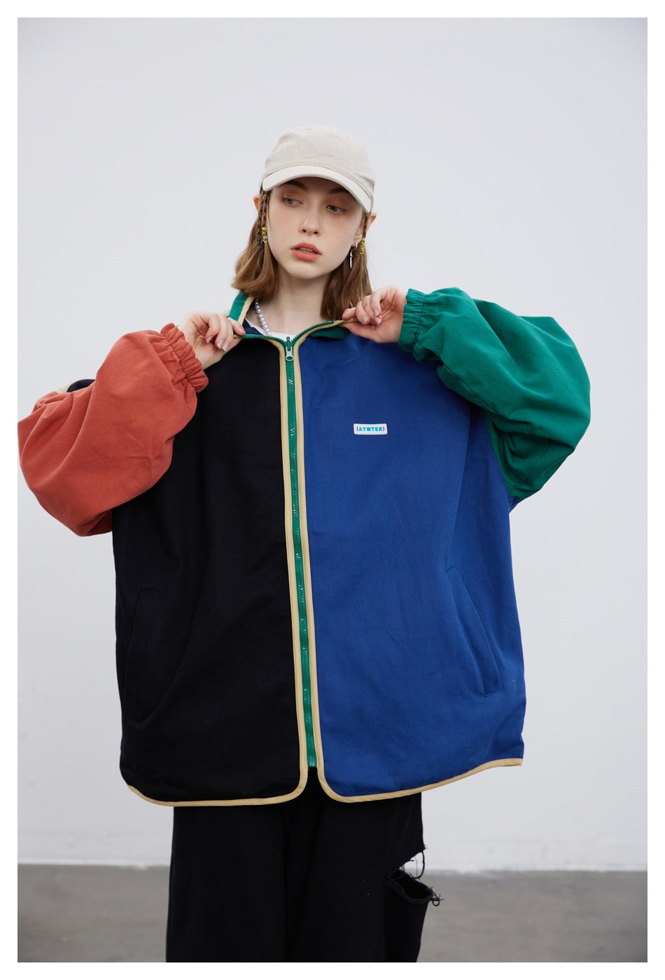 Colorblock Reversible Zip-Up Jacket — Stand Collar, Oversized Fit