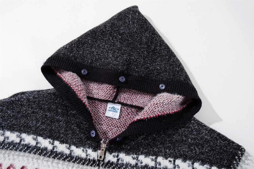 Jacquard-Strick-Cardigan mit Reißverschluss, Kapuze und Kunstfellkragen