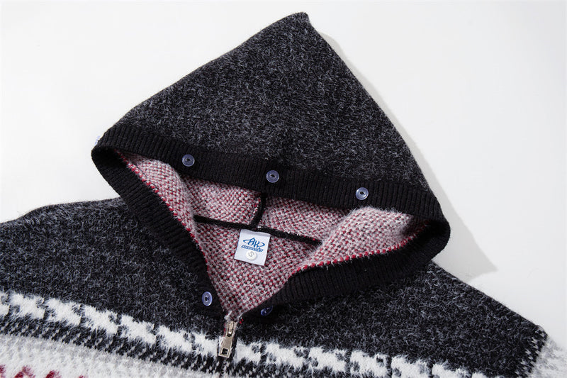 Jacquard-Strick-Cardigan mit Reißverschluss, Kapuze und Kunstfellkragen