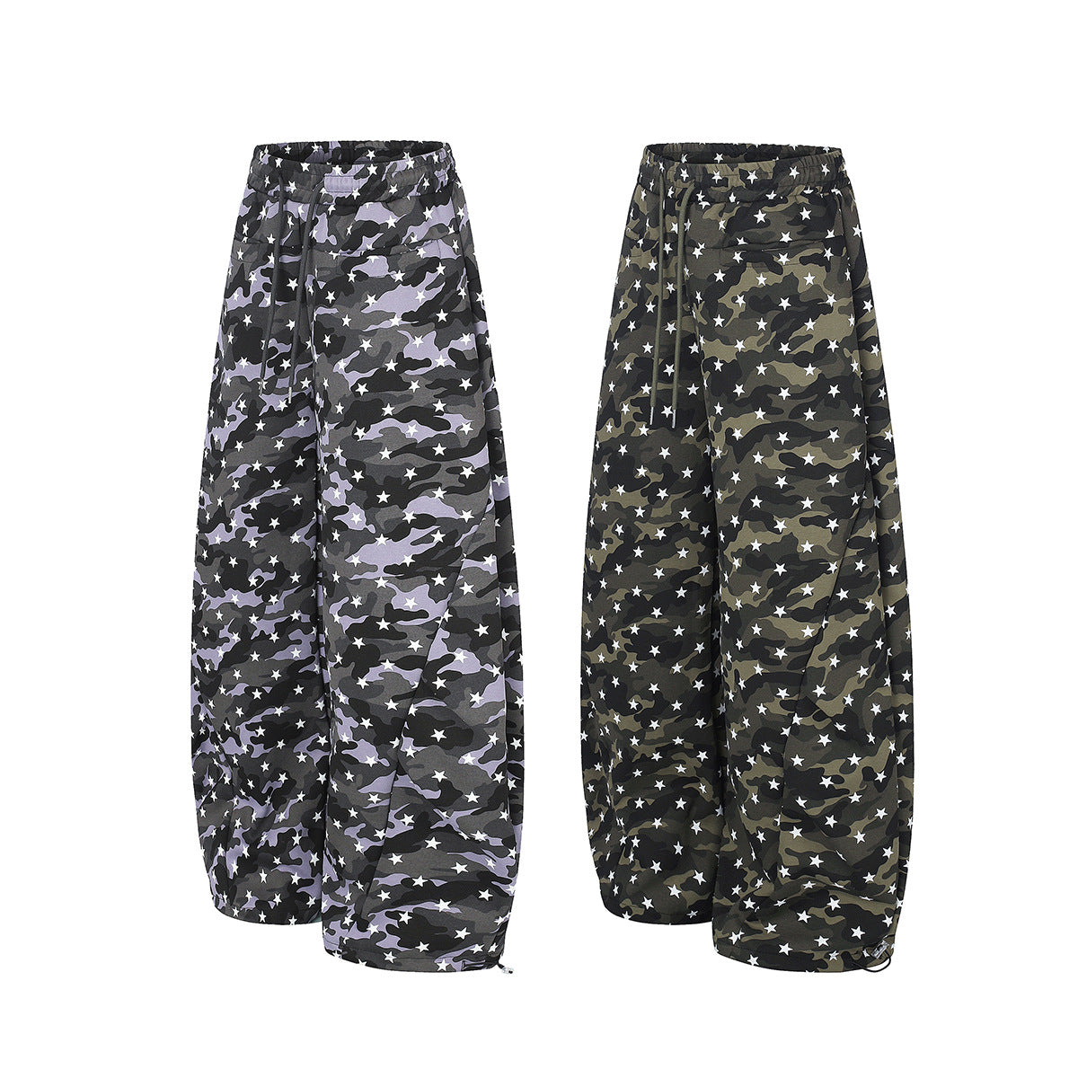 Camo Baggy Cargo Pants – Star Print Wide-Leg Parachute Trousers