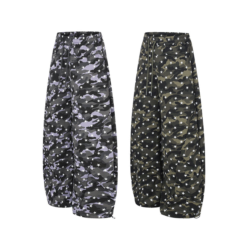 Camo Baggy Cargo Pants – Star Print Wide-Leg Parachute Trousers