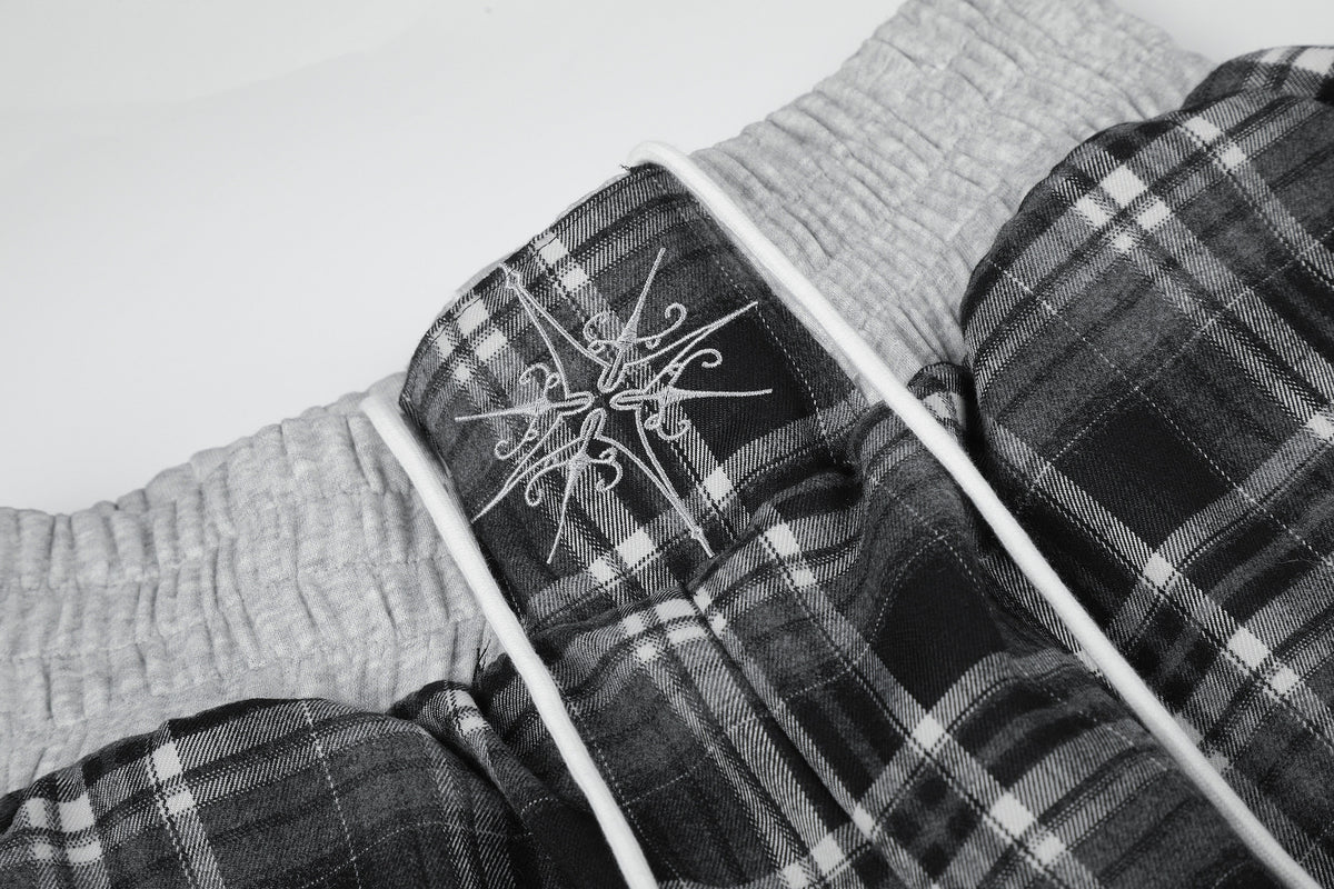 Plaid Wide-Leg Sweatpants with Drawstring Waist & Script Graphic