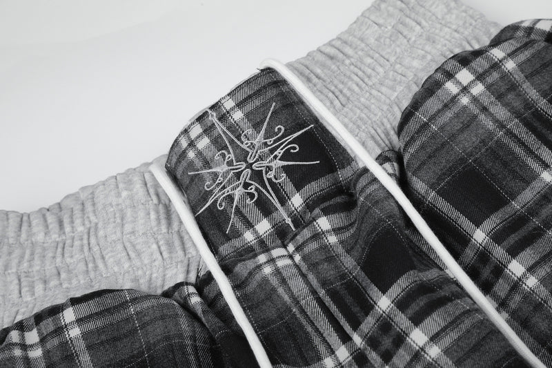 Plaid Wide-Leg Sweatpants with Drawstring Waist & Script Graphic