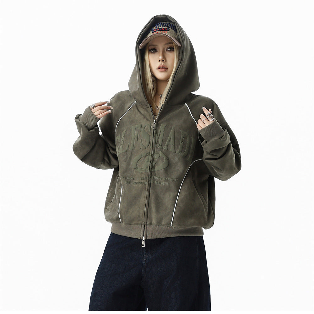GLFSMADE Letter Print Zip-Up Hoodie – Double-Zip Oversized Streetwear Jacket