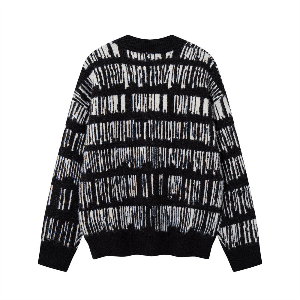 Jersey de punto jacquard a rayas con cuello henley para hombre: manga larga extragrande