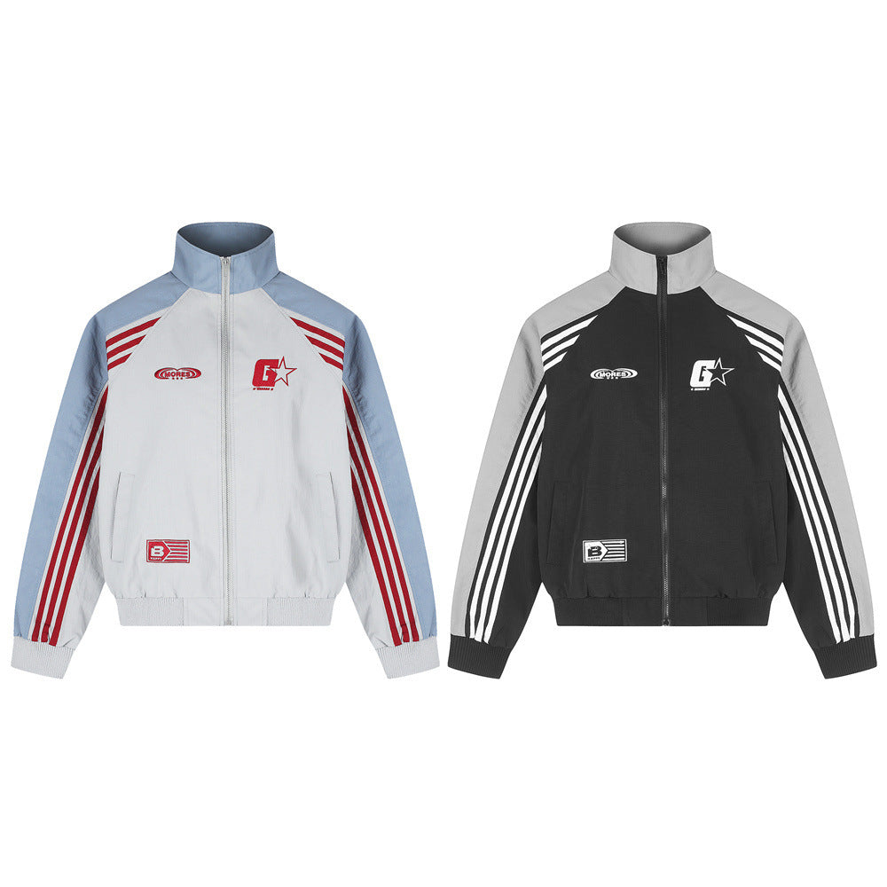 Ensemble veste de survêtement homme à col montant et pantalon de survêtement à jambes larges color block, blanc/bleu à rayures rouges et noir/gris à rayures blanches