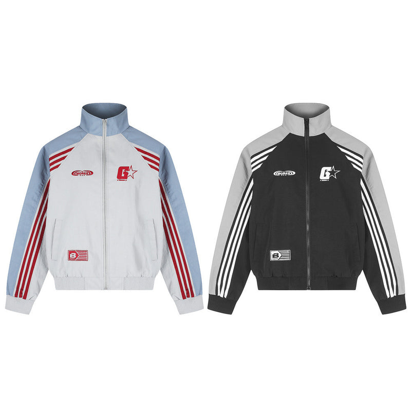 Ensemble veste de survêtement homme à col montant et pantalon de survêtement à jambes larges color block, blanc/bleu à rayures rouges et noir/gris à rayures blanches