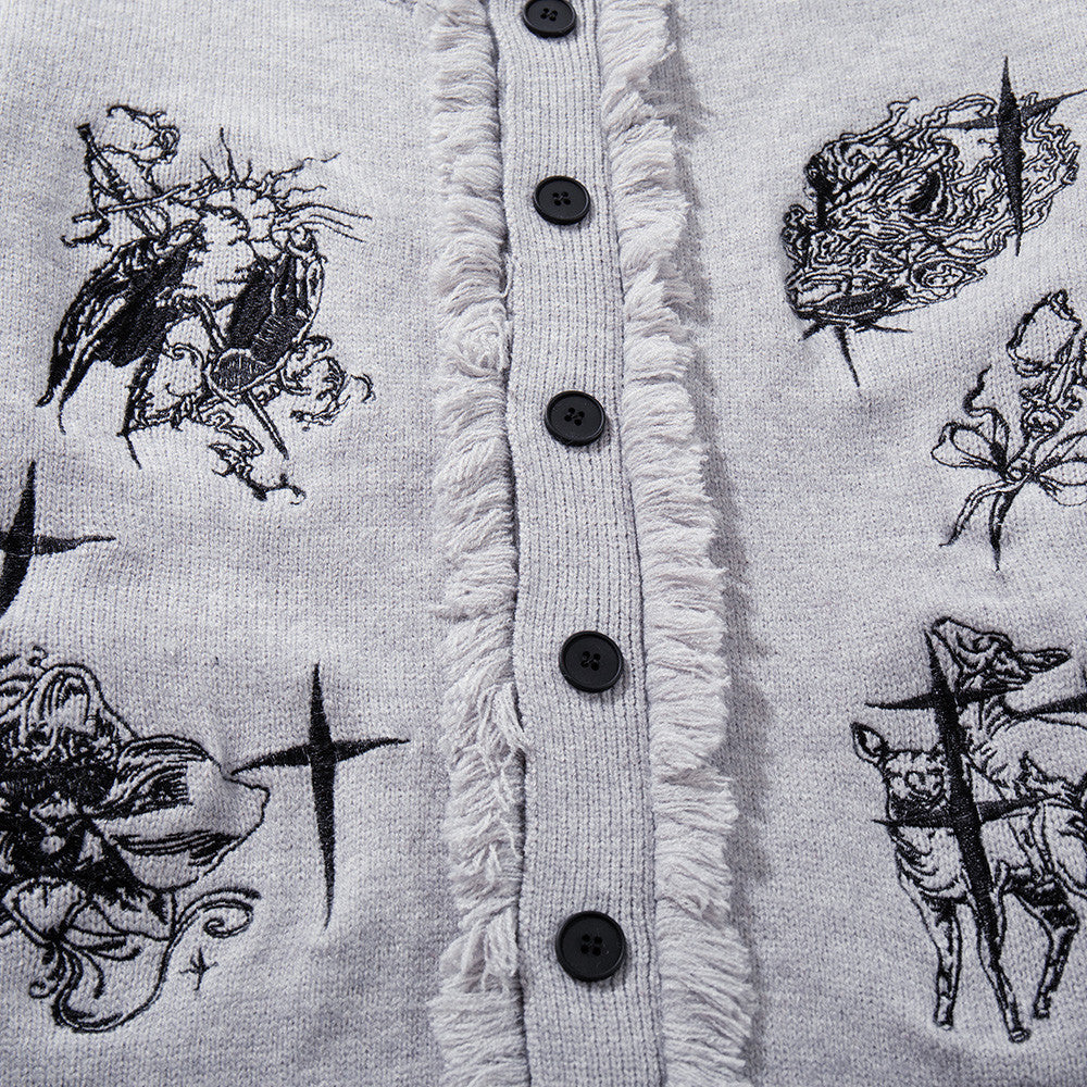 Oversized Knit Cardigan Sweater with Gothic Graphic Embroidery and Fringe Trim