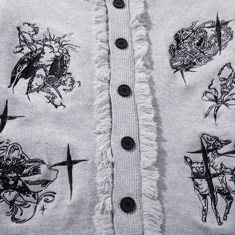 Oversized Knit Cardigan Sweater with Gothic Graphic Embroidery and Fringe Trim