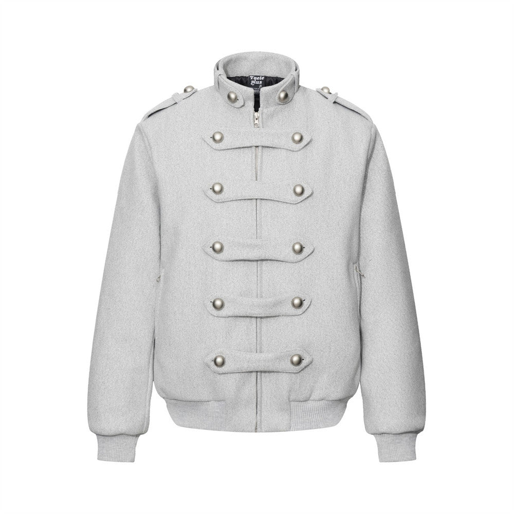 Men's Military-Style Stand Collar Padded Jacket with Double-Breasted Button