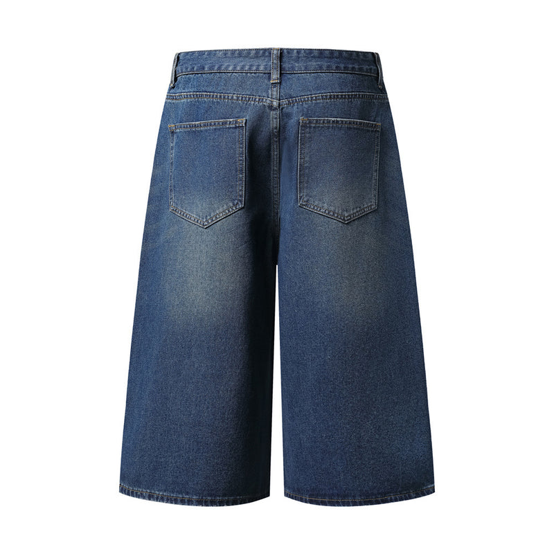 Wide-Leg Rhinestone Denim Shorts – Vintage Washed Straight-Cut Bermuda