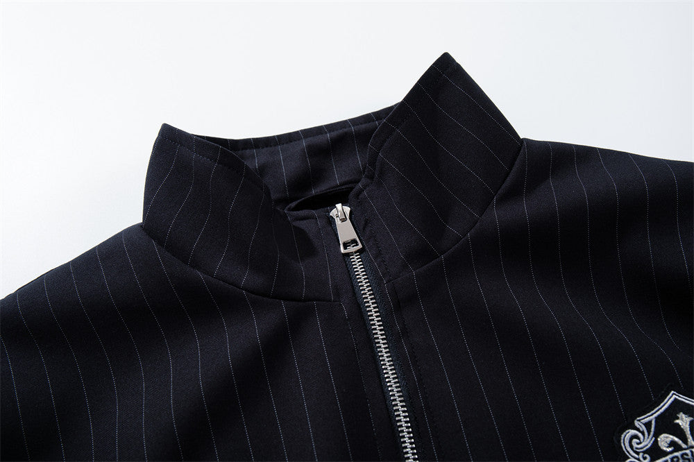 Pinstripe Stand-Collar Bomber Jacket – Relaxed Fit Men's Baseball Jacket