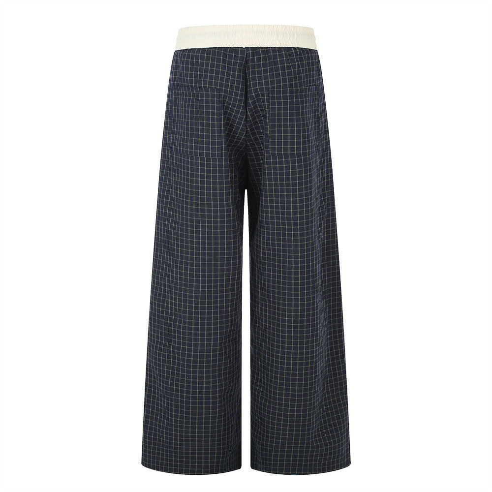 Wide-Leg Plaid Trousers – Elastic Waist Drawstring Contrast Band
