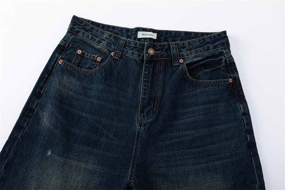 Wide-Leg Jeans – Vintage Washed Dark Blue with Distressed Details