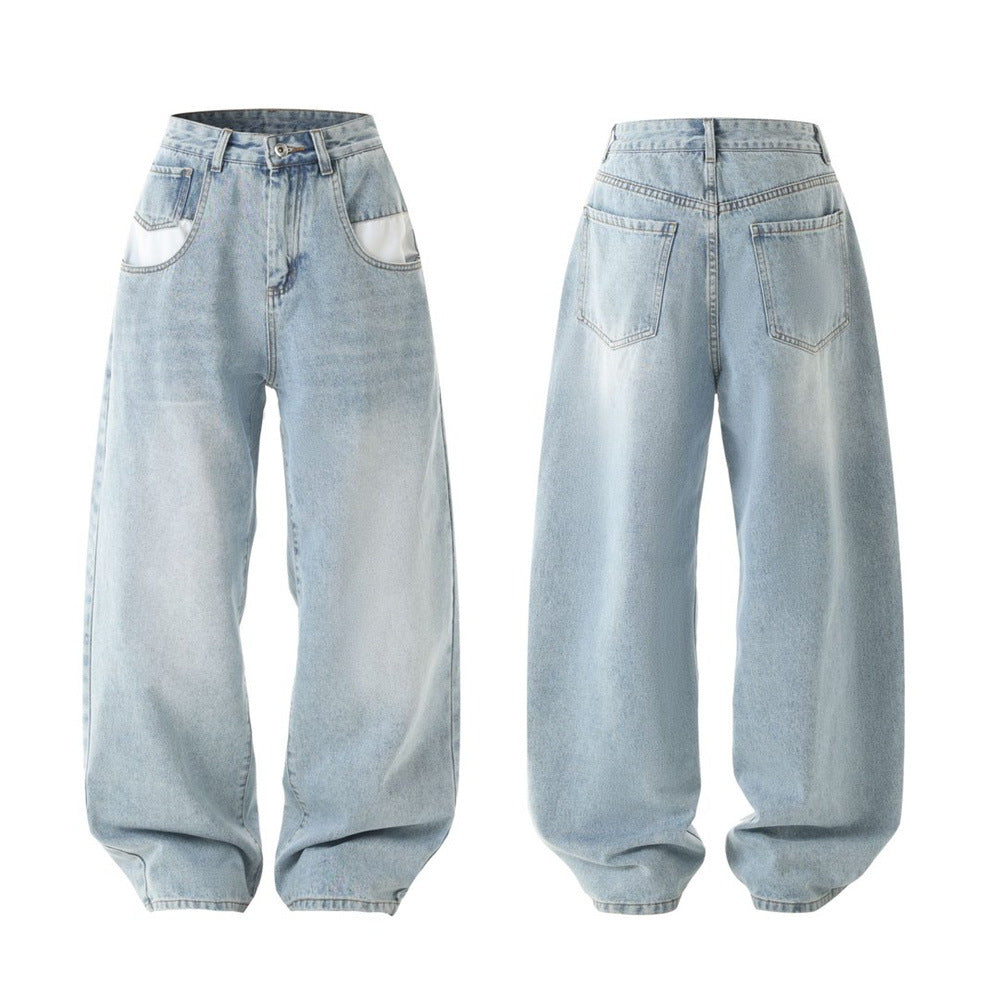 Men's light wash baggy wide-leg jeans with contrast white pocket lining detail, front and back view