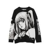 Black sweater by Death Note with Misa Amane-inspired monochrome jacquard artwork resembling anime style, featuring "BlackAnime" text on one sleeve.